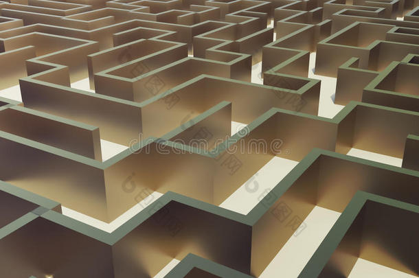 三维插图黄金迷宫，复杂问题解决概念。