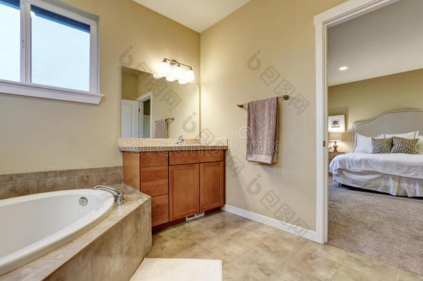 浴室内部，带Vanity橱柜和浴缸
