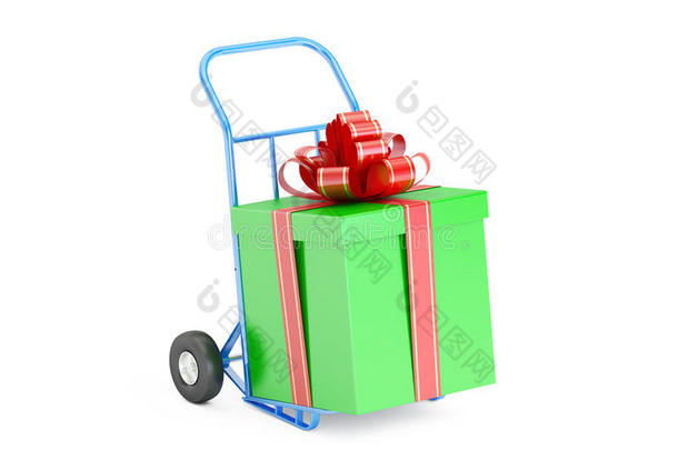 礼品递送概念。 礼品盒在手卡车，3D渲染