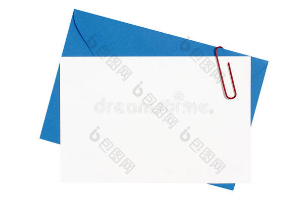 蓝色信封，空白邀请卡隔离在白色上