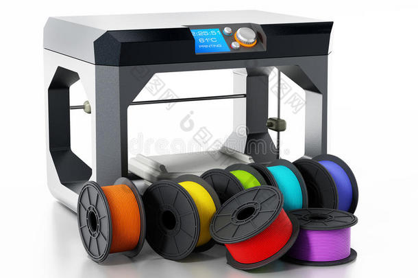 打印机旁边的3D打印机长丝。 三维插图。