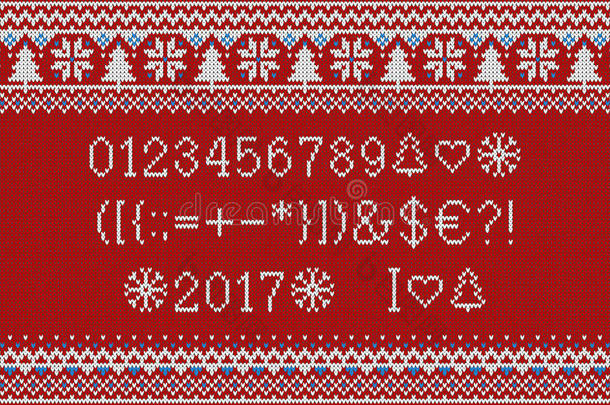圣诞字体。雪花和冷杉无缝针织图案上的针织拉丁字母。北欧集市岛针织，冬季