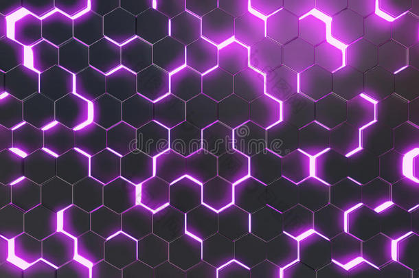 具有六边形的未来主义表面的抽象紫色背景。 三维渲染