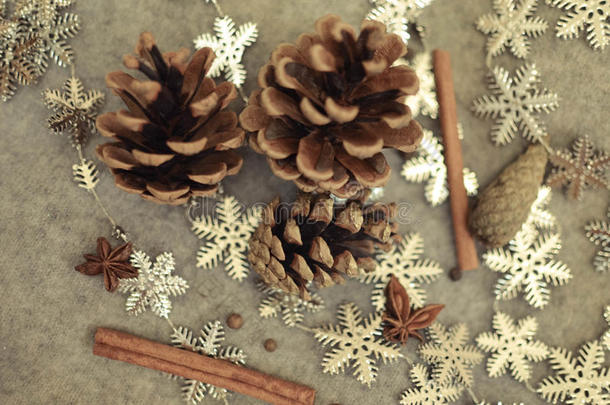 圣诞作文与橘子，松果，一束肉桂和雪花-装饰