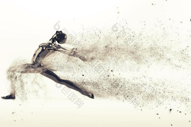 抽象的黑色塑料人体模型，在白色背景上散射粒子。 动作舞芭蕾姿势