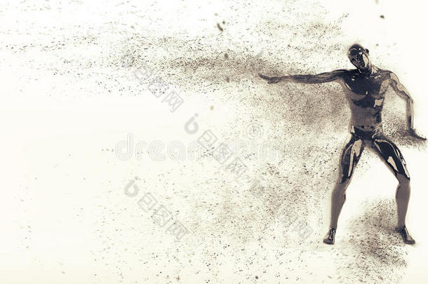 抽象的黑色塑料人体模型，在白色背景上散射粒子。 动作打破舞蹈电动姿势