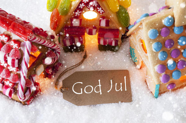 五颜六色的姜饼屋，雪花，上帝七月意味着圣诞快乐