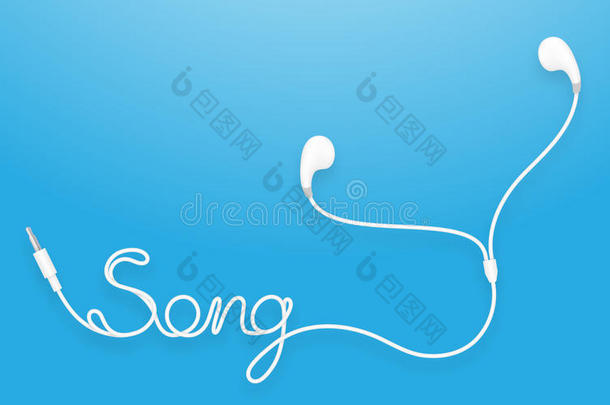 耳机，耳塞式白色和歌曲文本由电缆制成
