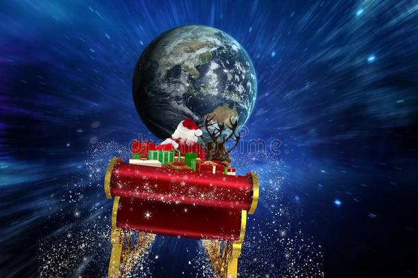 <strong>三维</strong>圣诞老人骑驯鹿雪橇走向地球
