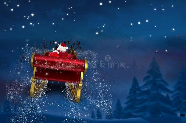 <strong>三维</strong>圣诞老人骑着驯鹿雪橇向天空走去