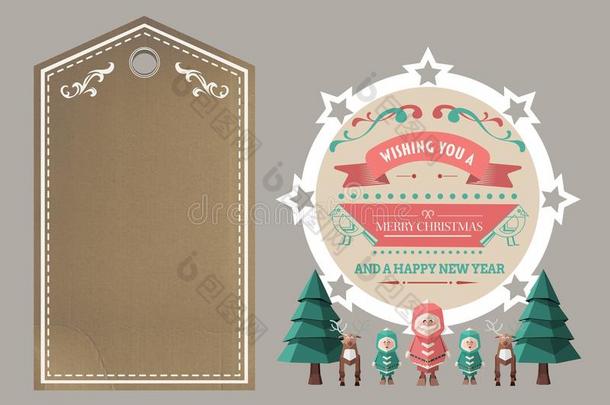 树木、驯鹿、人类人物和圣诞快乐愿望的三维插图