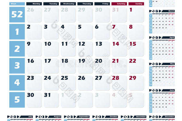 日历2017年矢量设计模板。 一周从星期一开始。 欧洲版本