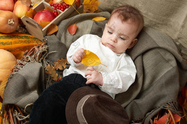 秋天的小男孩躺在黄色的落叶上，苹果，<strong>南瓜</strong>和纺织品上的装饰