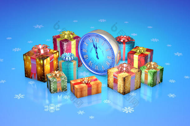 圣诞童话礼物。 漂亮的盒子，时钟。 新年。 三维插图。