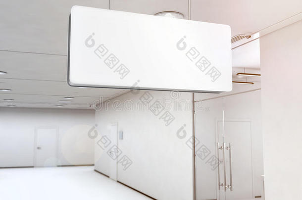 空白白色灯箱模型悬挂在天花板上，3D渲染