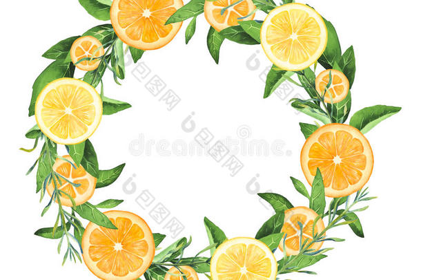 手绘水彩柠檬和橘子花环