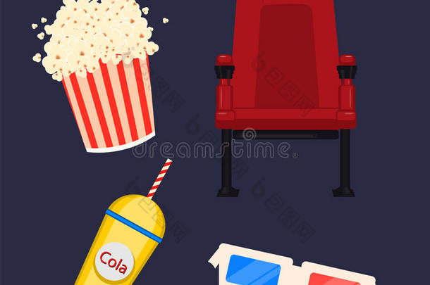 电影院，四个图标。 电影院椅子，3D眼镜，爆米花和苏打水。