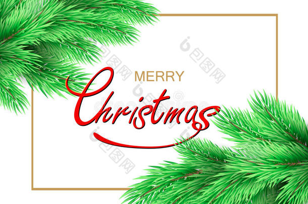 圣诞背景。 圣诞快乐明信片与杉木树枝和圣诞装饰品，白色背景。
