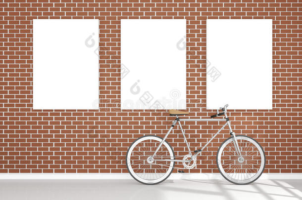 三维渲染：复古复古自行车和老式金属灯挂在屋顶上的红色砖墙的插图。