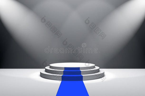 三维渲染：舞台插图与蓝色地毯的<strong>颁奖</strong>典礼</strong>。 白色圆形讲台，第一名。 三步空讲台