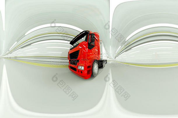 <strong>360度全景</strong>。红色卡车驶入隧道。快速驾驶。三维渲染。