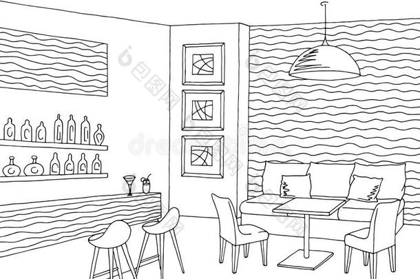 咖啡馆酒吧内部图形艺术黑白素描插图