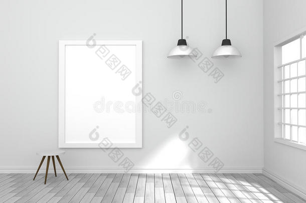 三维渲染：挂在墙上的白色海报的插图3D渲染：挂在墙上的白色海报的插图
