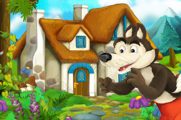 卡通场景与狼附近的村庄房子