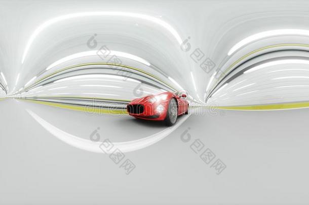 360度全景。 红色跑车在隧道里。 快速驾驶。 石油概念。 三维渲染。