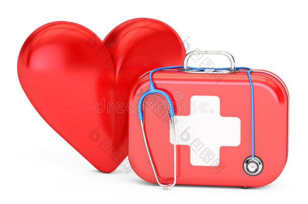 带听诊器和红心的急救箱。 急救概念。