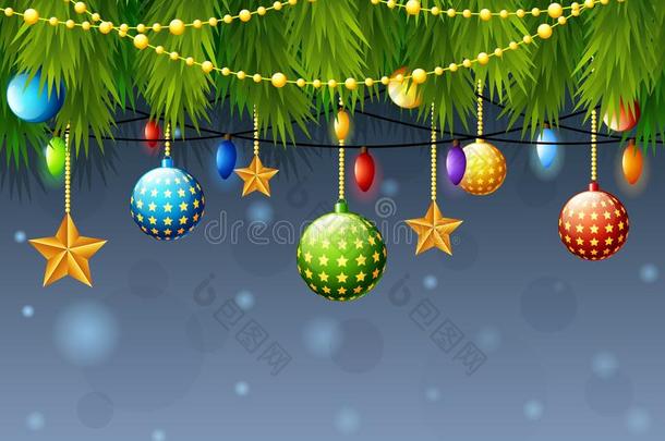圣诞装饰用杉木树枝，彩球，金星，灯泡