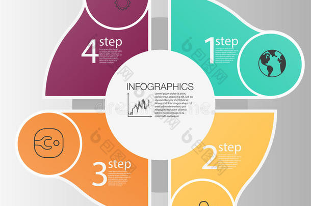 商圈信息图概念。 用于信息图的矢量圆元素。 <strong>模板</strong>信息图4<strong>位置</strong>，步骤。