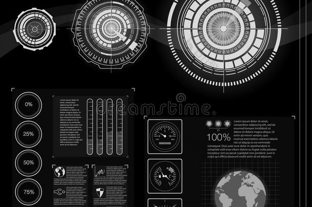 具有HUD不同元素的抽象背景。 HUD元素，graph.vector插图.前面显示元素为我们