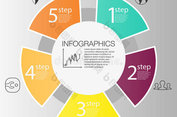 商圈信息图概念。 用于信息图的矢量圆元素。 <strong>模板</strong>信息图5<strong>位置</strong>，步骤。