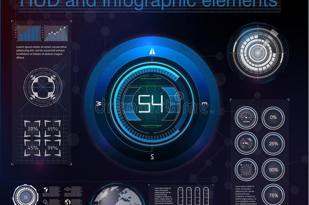 具有<strong>HUD</strong>不同元素的抽象背景。 <strong>HUD</strong>元素，graph.vector插图.抬头显示元素