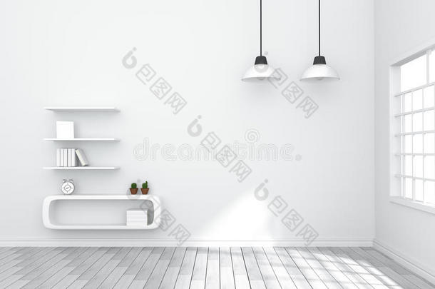 三维渲染：插图舒适的客厅内部与白色书架对马特白色墙壁。 来自外面的自然光