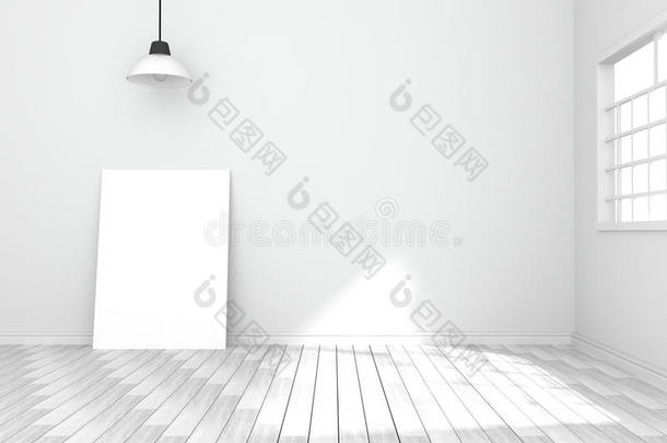 三维渲染：在空房间白色海报的插图。文本和图片的空间。产品显示模板。白色墙壁