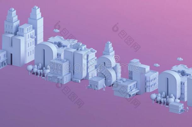 三维渲染一个迷你城市，排版3D的名字休斯顿
