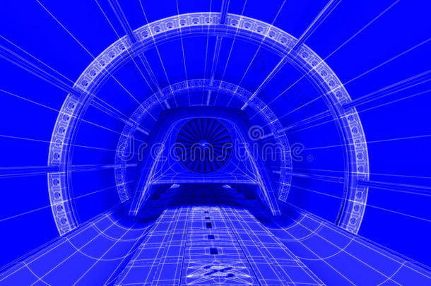 磁轨上的未来主义列车模块，蓝图背景。 三维渲染