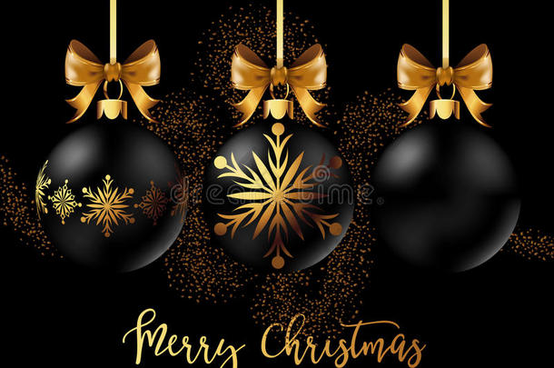 黑色圣诞装饰球，黑色背景上有<strong>金色</strong>丝带<strong>蝴蝶结</strong>。