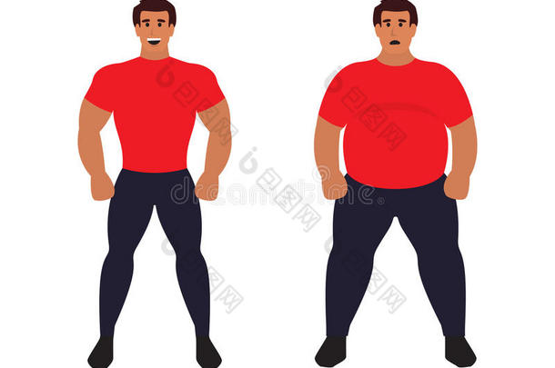 胖子和苗条的男人。 健康的运动运动身体与不健康的身体<strong>相比</strong>。 平面矢量插图