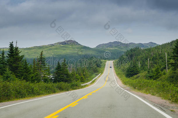 汽车在高速公路上穿过纽芬兰沿海山麓。