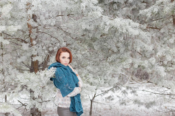 美丽的红头发女孩，肩上戴着围巾，走在冬天的森林里，那里的松树和松树都静止了