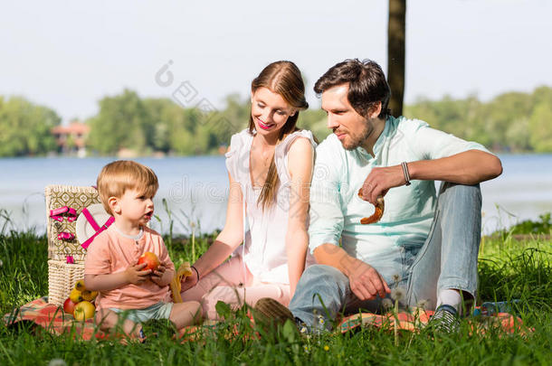 一家人在湖边野餐，坐在草地上