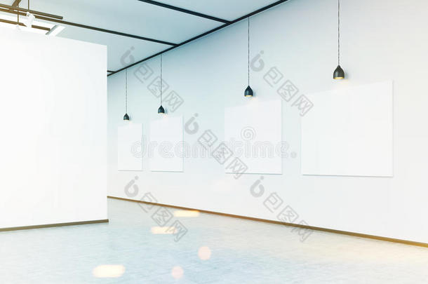 艺术画廊的角落，白色的大墙和图片，色调