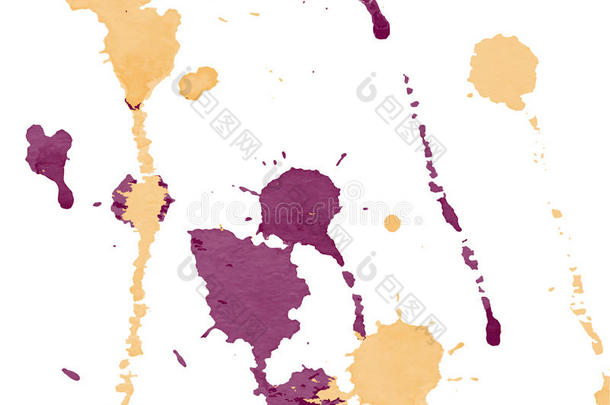 焦糖橙色和葡萄酒红色水彩飞溅和斑点在白色背景。