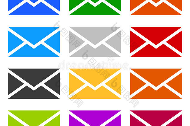 信封符号以12种颜色作为联系人、支持、电子邮件图标，