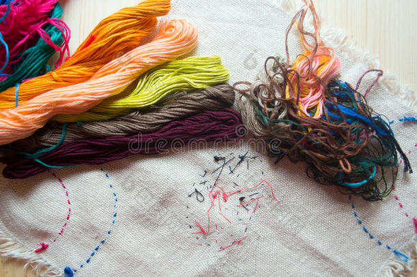 刺绣线和棉织物与刺绣在木制背景