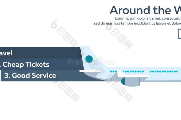 平面网页横幅主题为飞机旅行，度假，冒险。 在平流层飞行。 在世界各地。