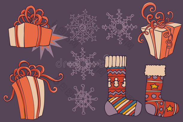 圣诞<strong>手绘</strong>收藏品。 礼品盒，袜子和雪花。 圣诞树。 <strong>矢量图</strong>像。